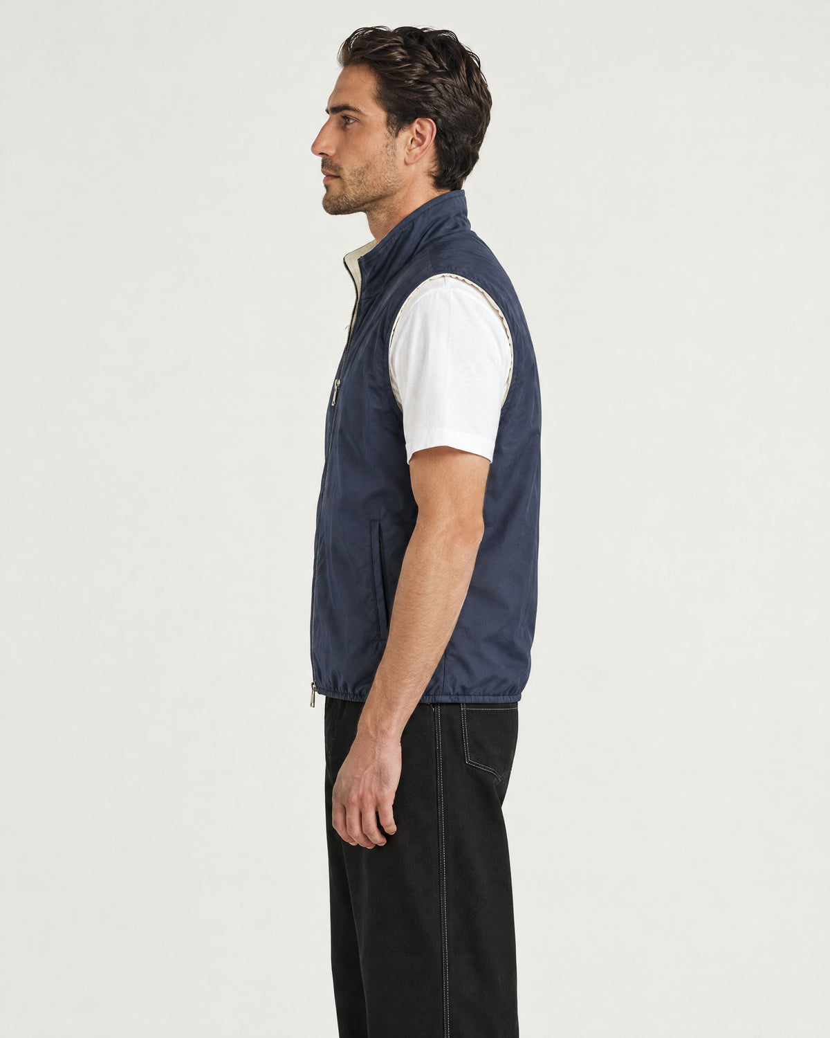 Romimi Reverso Gilet in Navy, side view, worn