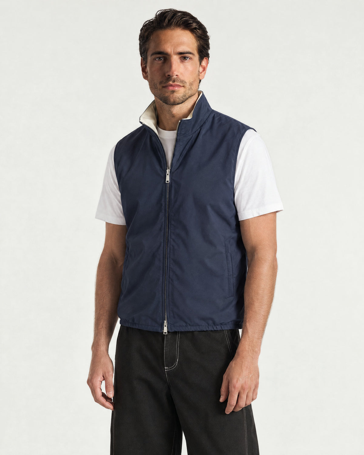 Romimi Reverso Gilet in Navy, worn
