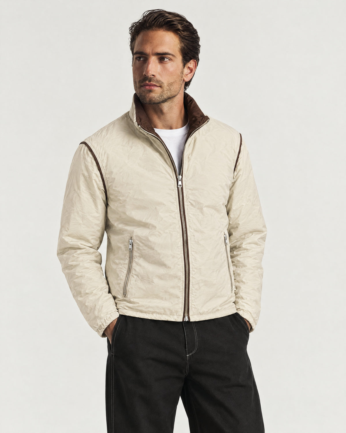 Romimi Reverso Jacket in Brown, reversible side, worn