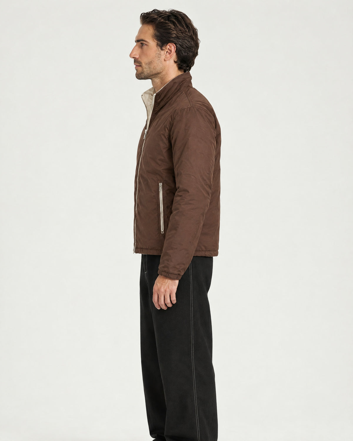 Romimi Reverso Jacket in Brown, side view, worn