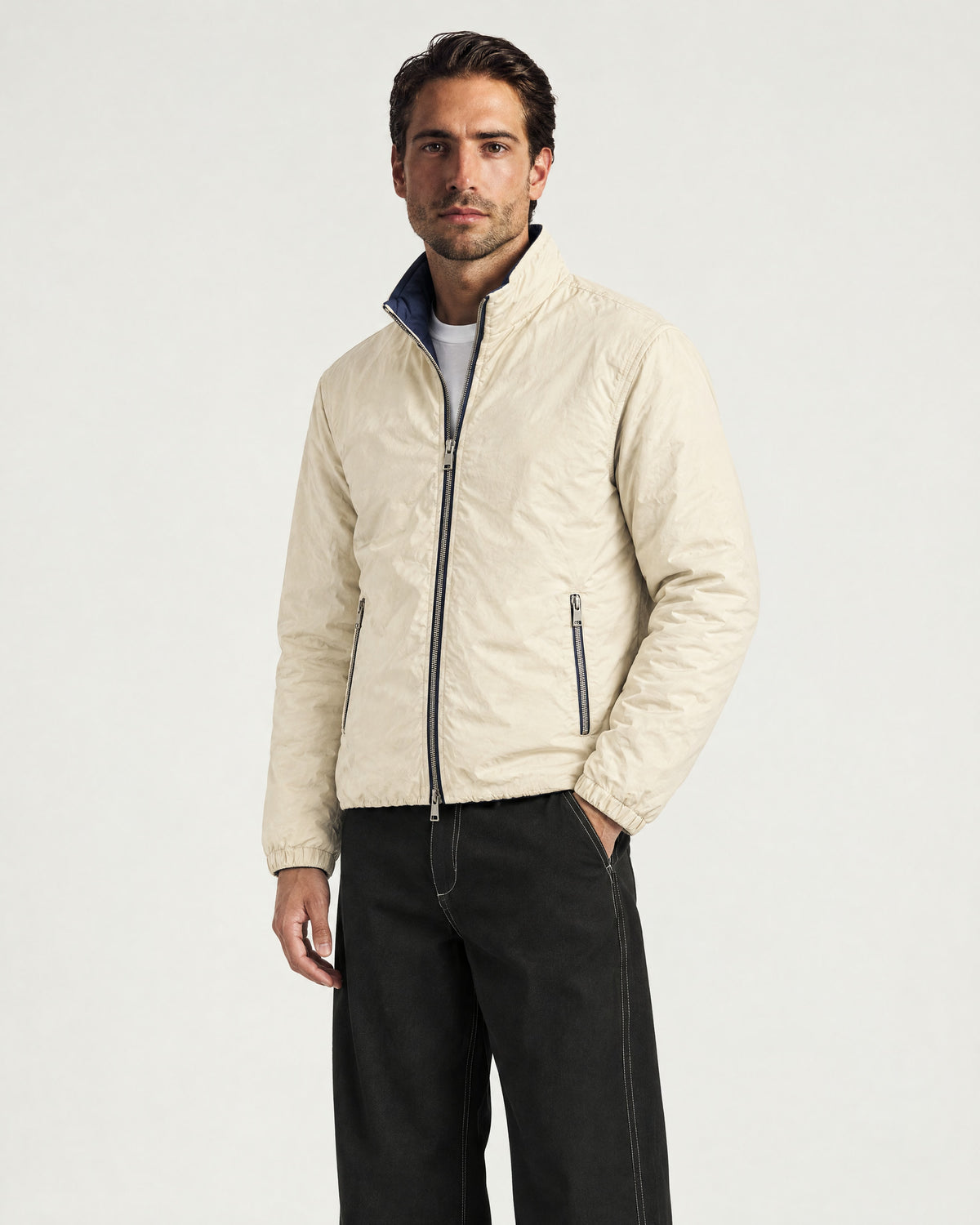 Romimi Reverso Jacket in Navy, reversible side, worn