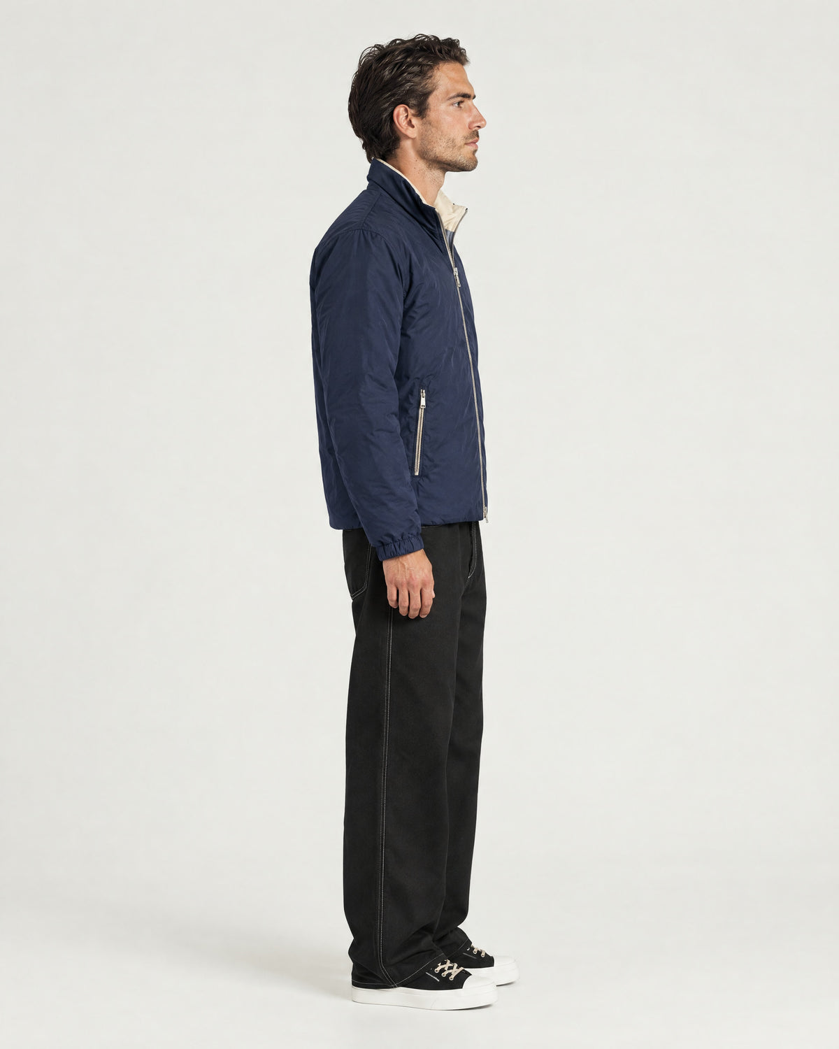 Romimi Reverso Jacket in Navy, side view, worn