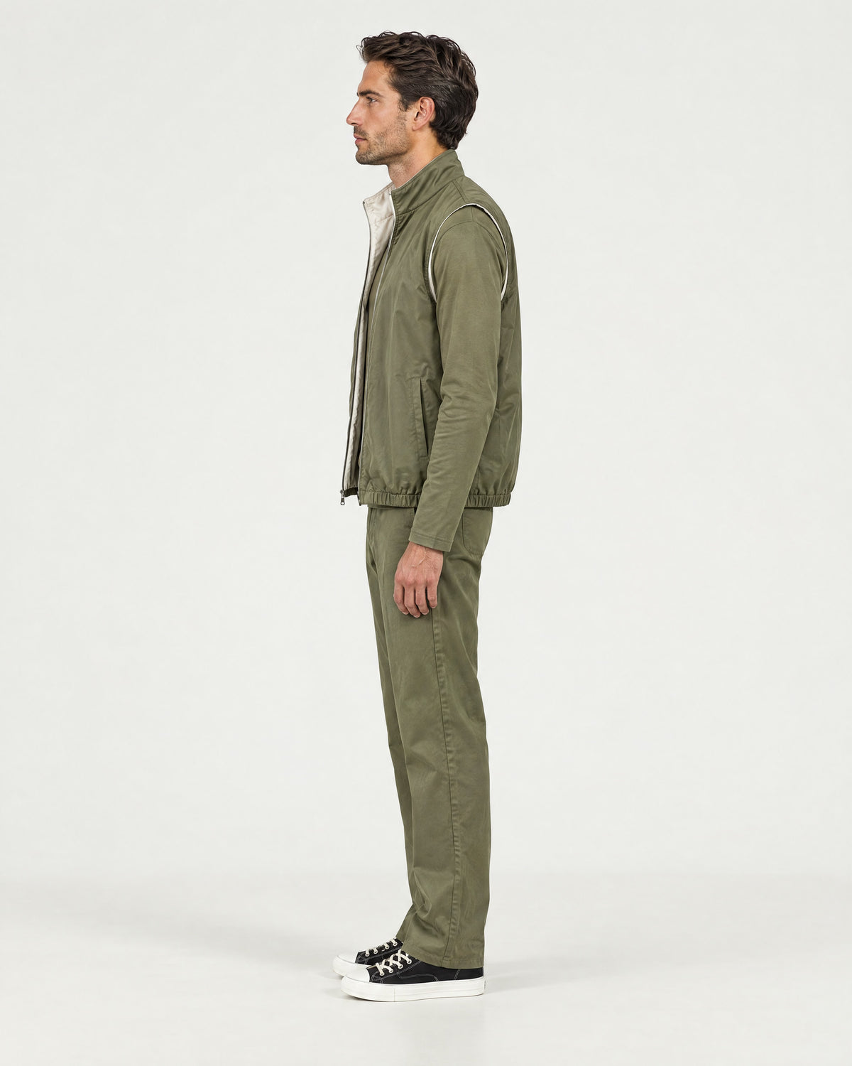 Romimi Reverso Set in Olive, side view, worn