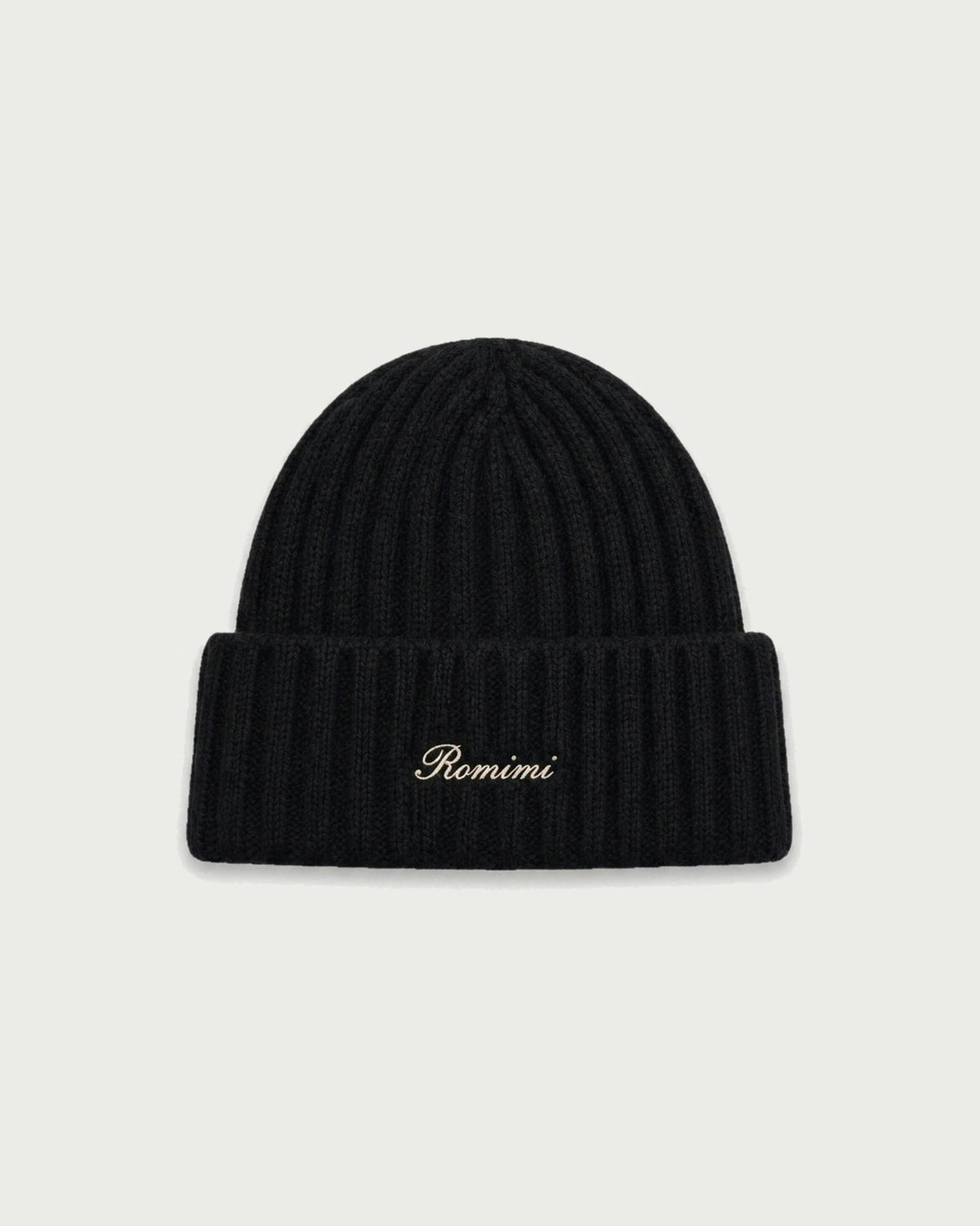 Romimi kids' rib-knit beanie in black, front view