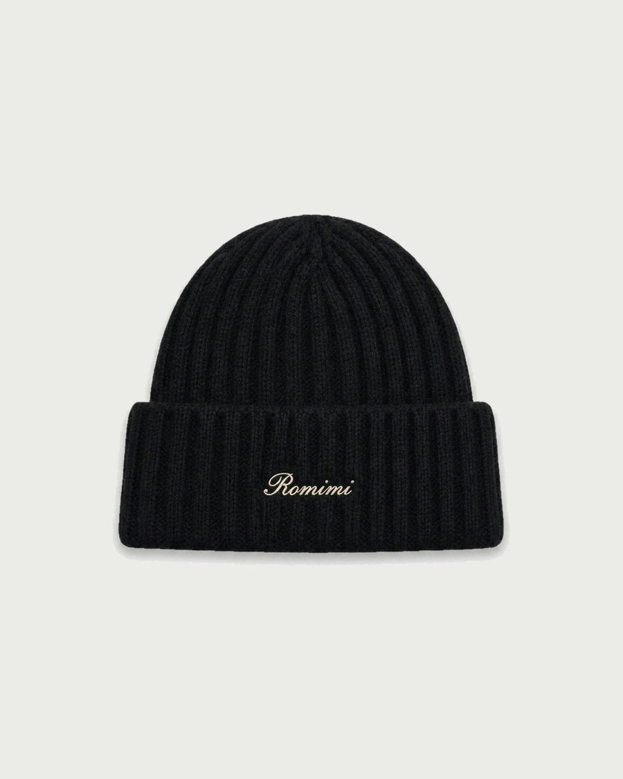Romimi kids' rib-knit beanie in black, front view