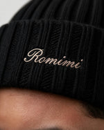 Romimi rib-knit beanie in black, embroidery detail