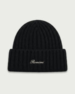Romimi rib-knit beanie in black, front view