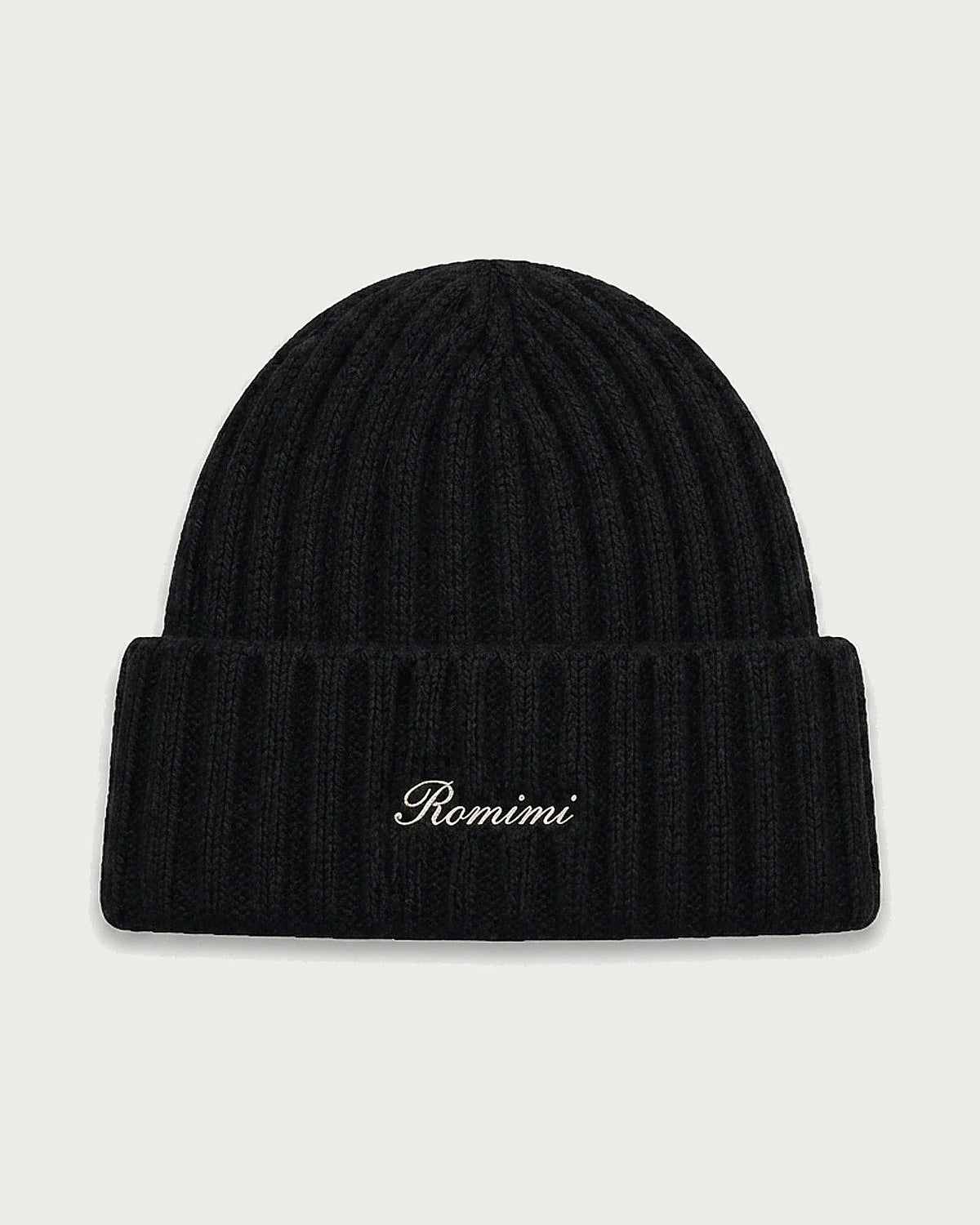 Romimi rib-knit beanie in black, front view