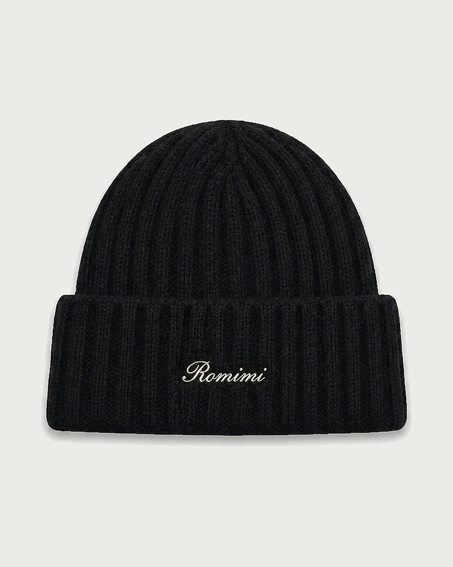 Romimi rib-knit beanie in black, front view