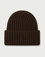 Romimi rib-knit beanie in chocolate, back view