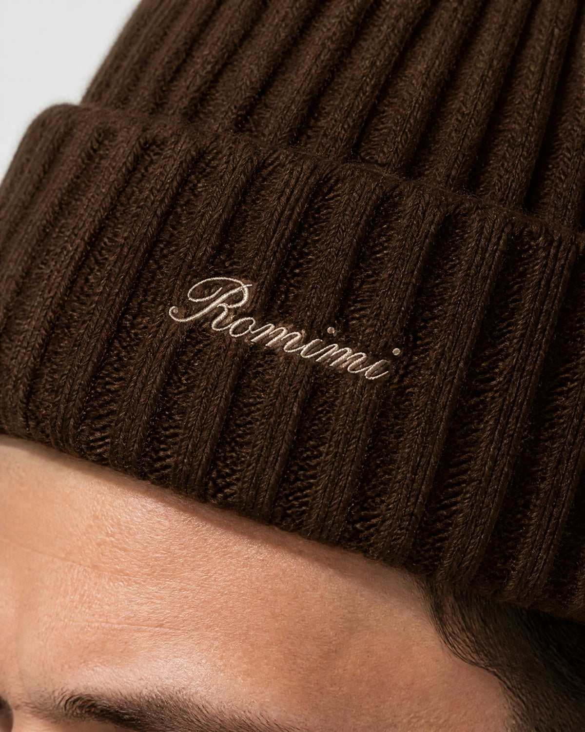 Romimi rib-knit beanie in chocolate, embroidery detail