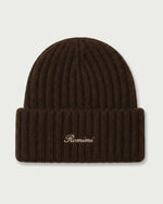 Romimi rib-knit beanie in chocolate, front view