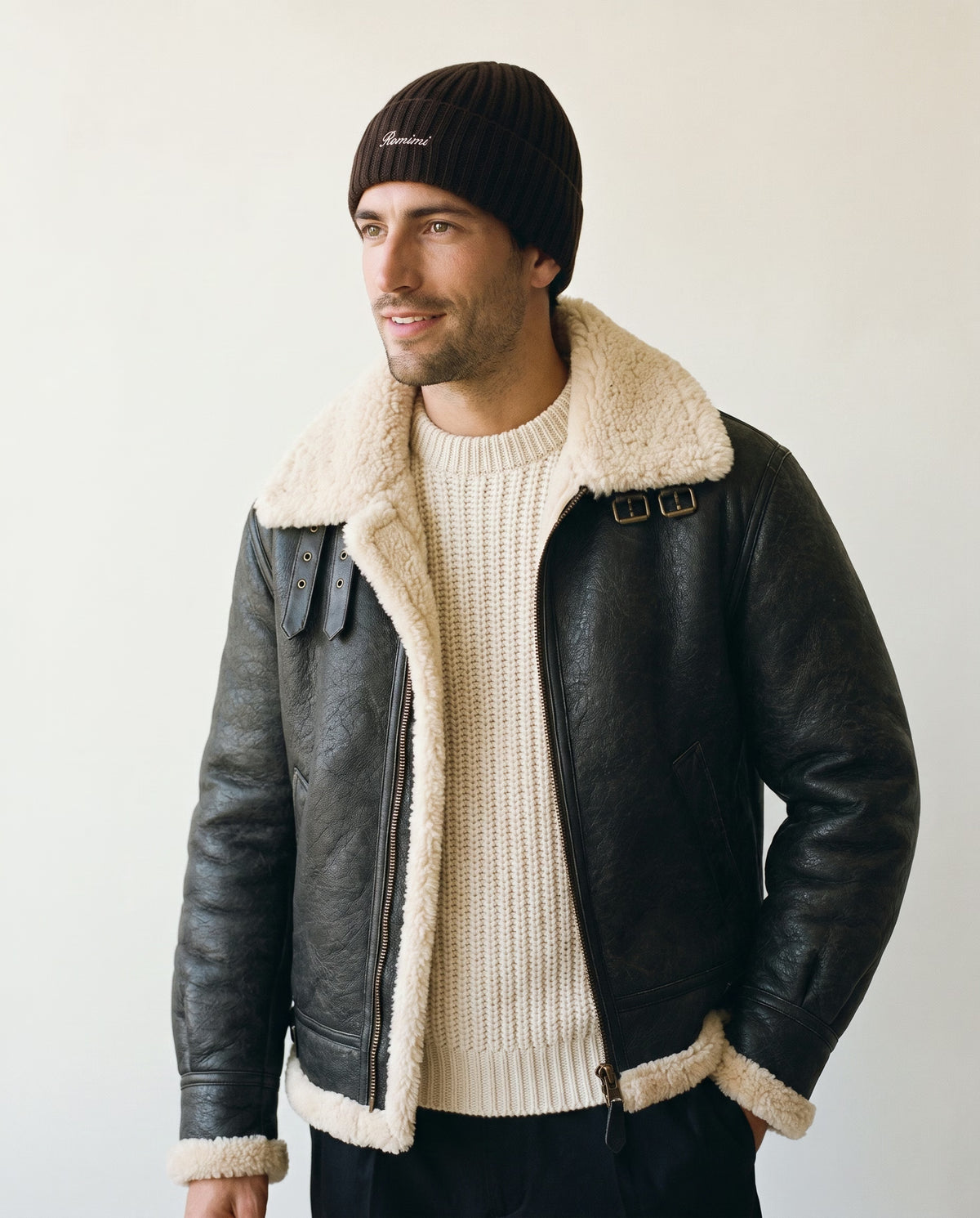 Man wearing the rib-knit beanie in chocolate