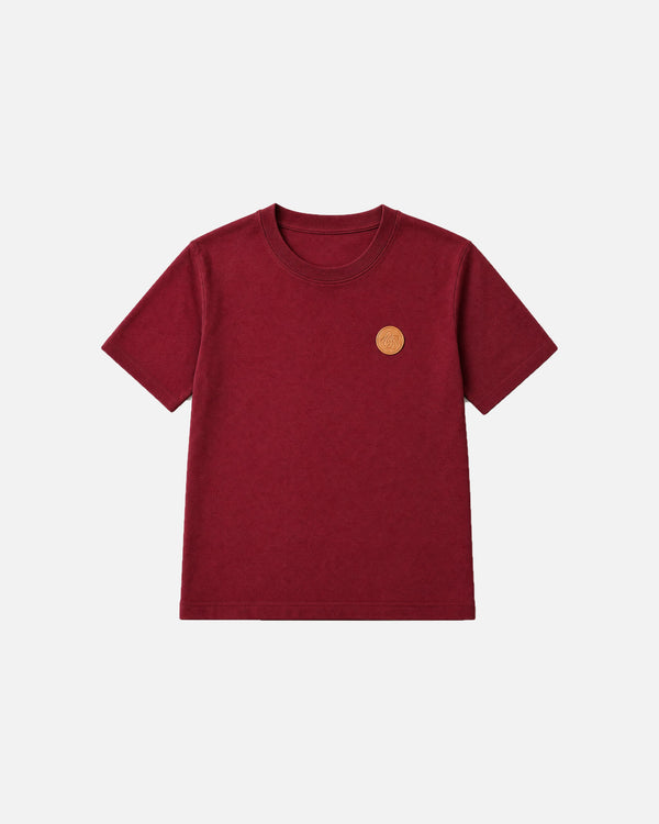 Romimi Signature Crest Tee in burgundy, kids product shot, front view
