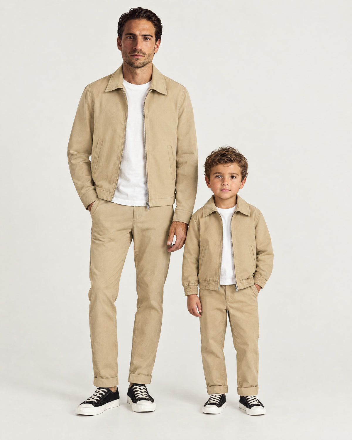 Romimi Slim Tech Suit for kids in Tan, father and son