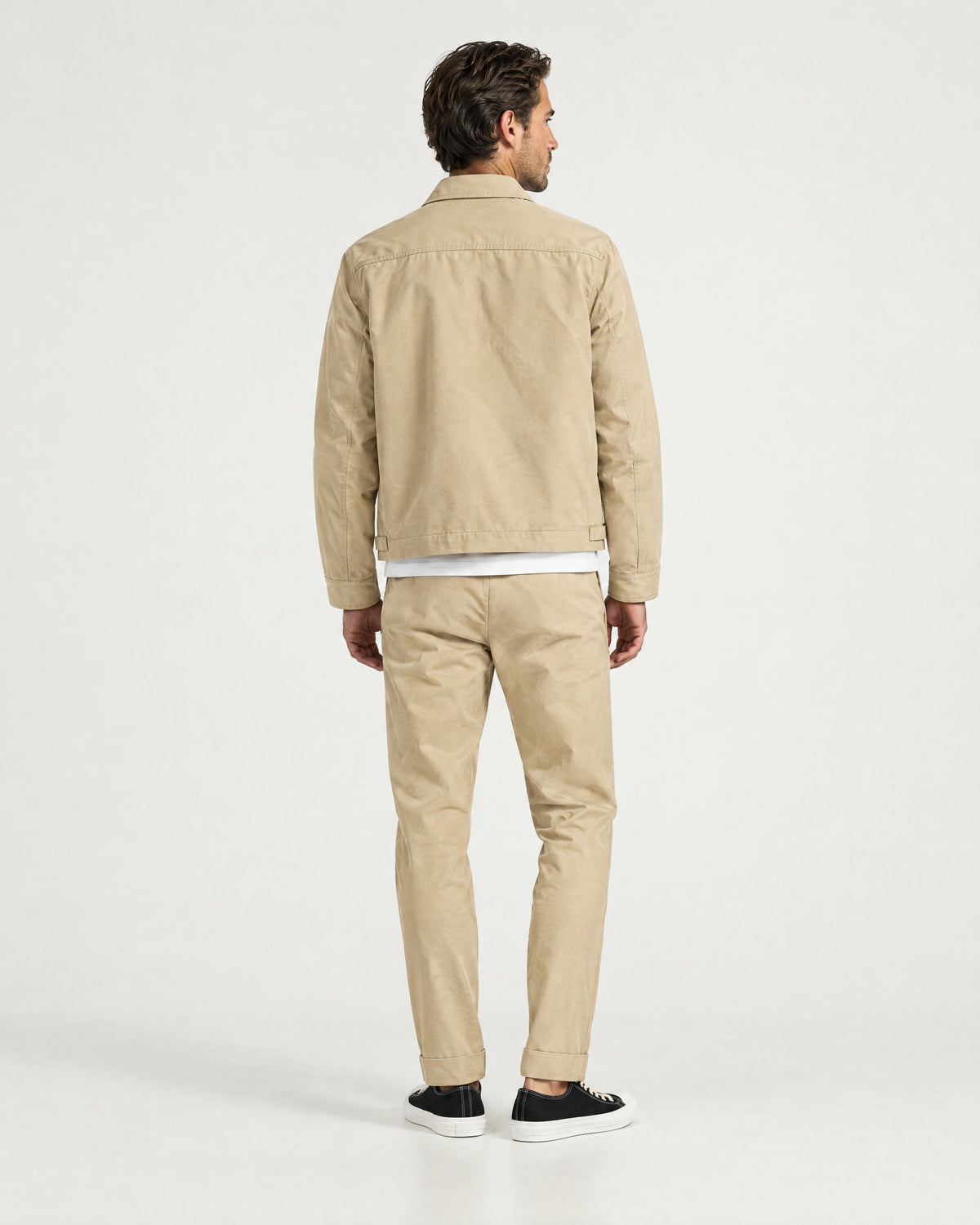 Romimi Slim Tech Suit in Beige, back view, worn