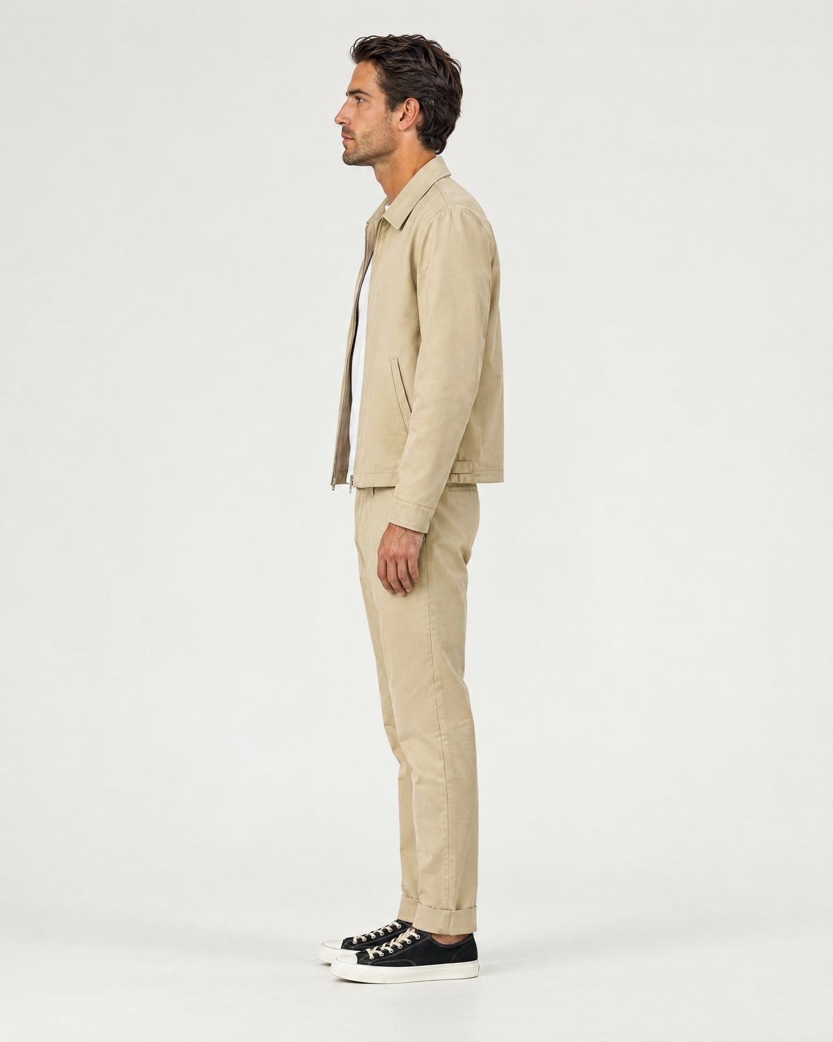 Romimi Slim Tech Suit in Beige, side view, worn