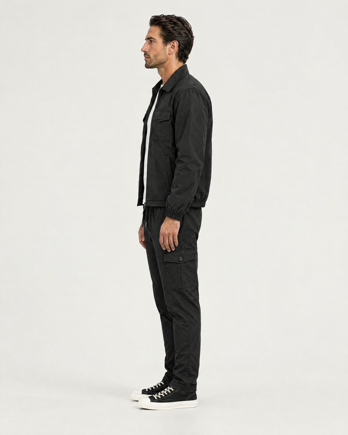 Romimi Tech Cargo Set in Black, side view, worn