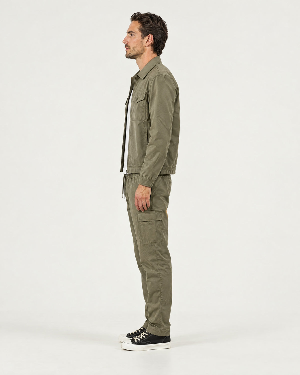 Romimi Tech Cargo Set in Khaki, side view, worn