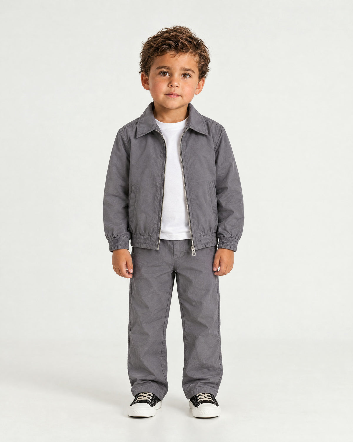 Romimi Tech Tracksuit for kids in Charcoal, worn