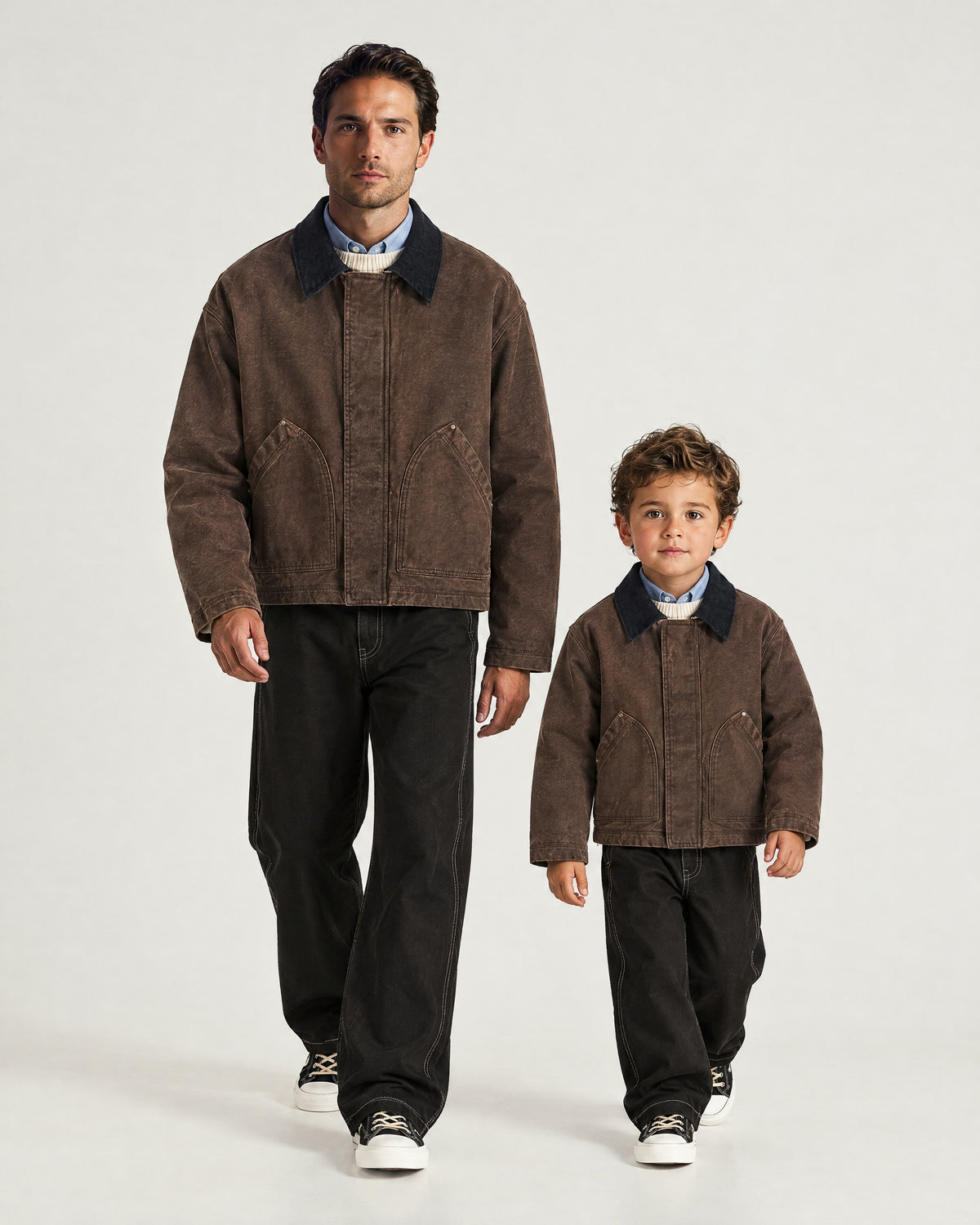 Father and son wearing the Romimi Trucker Jacket - Chocolat