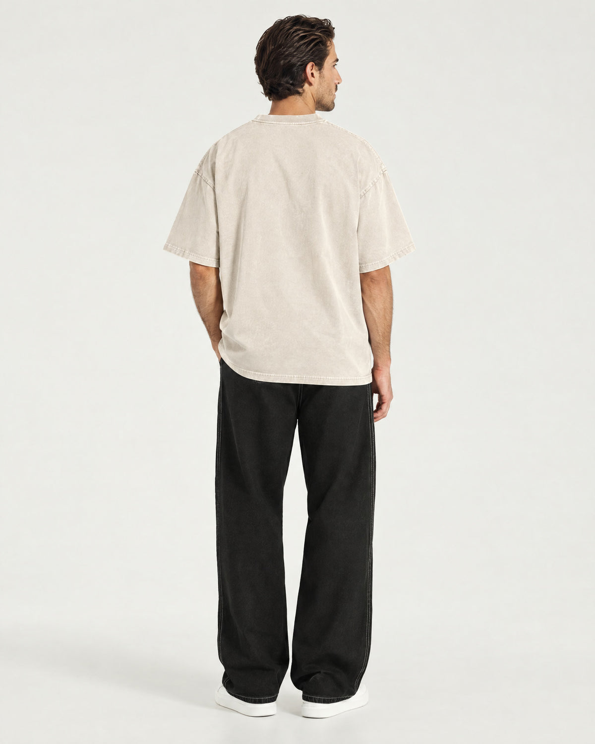 Romimi Washed Heavy Tee in Apricot, back view, worn