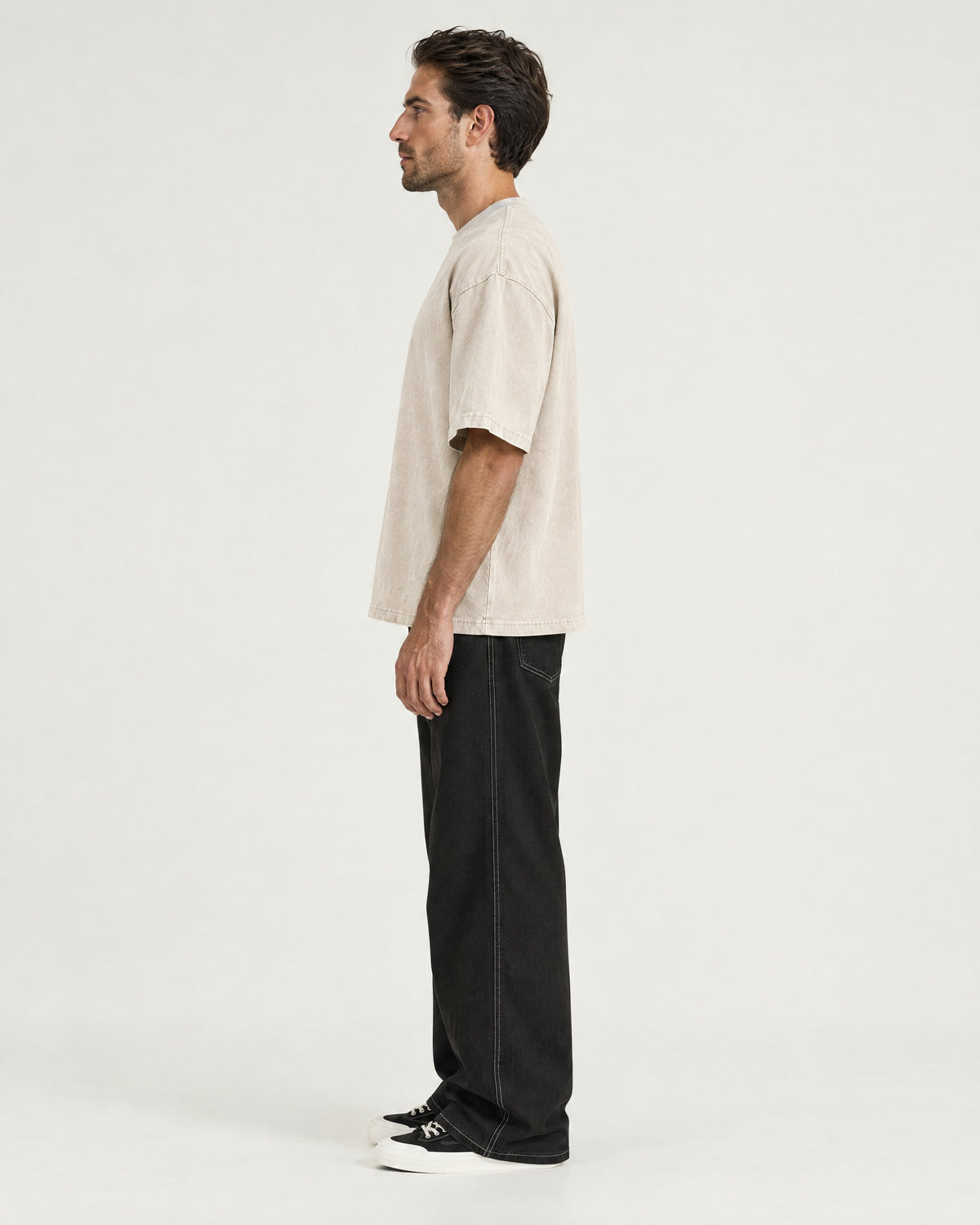 Romimi Washed Heavy Tee in Apricot, side view, worn