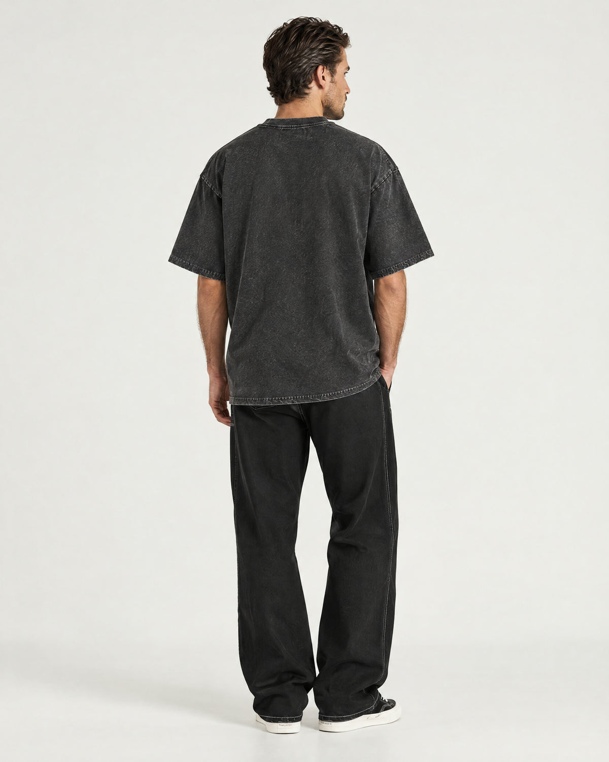 Romimi Washed Heavy Tee in Black, back view, worn