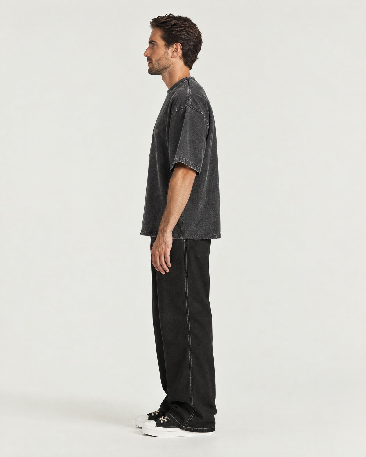 Romimi Washed Heavy Tee in Black, side view, worn
