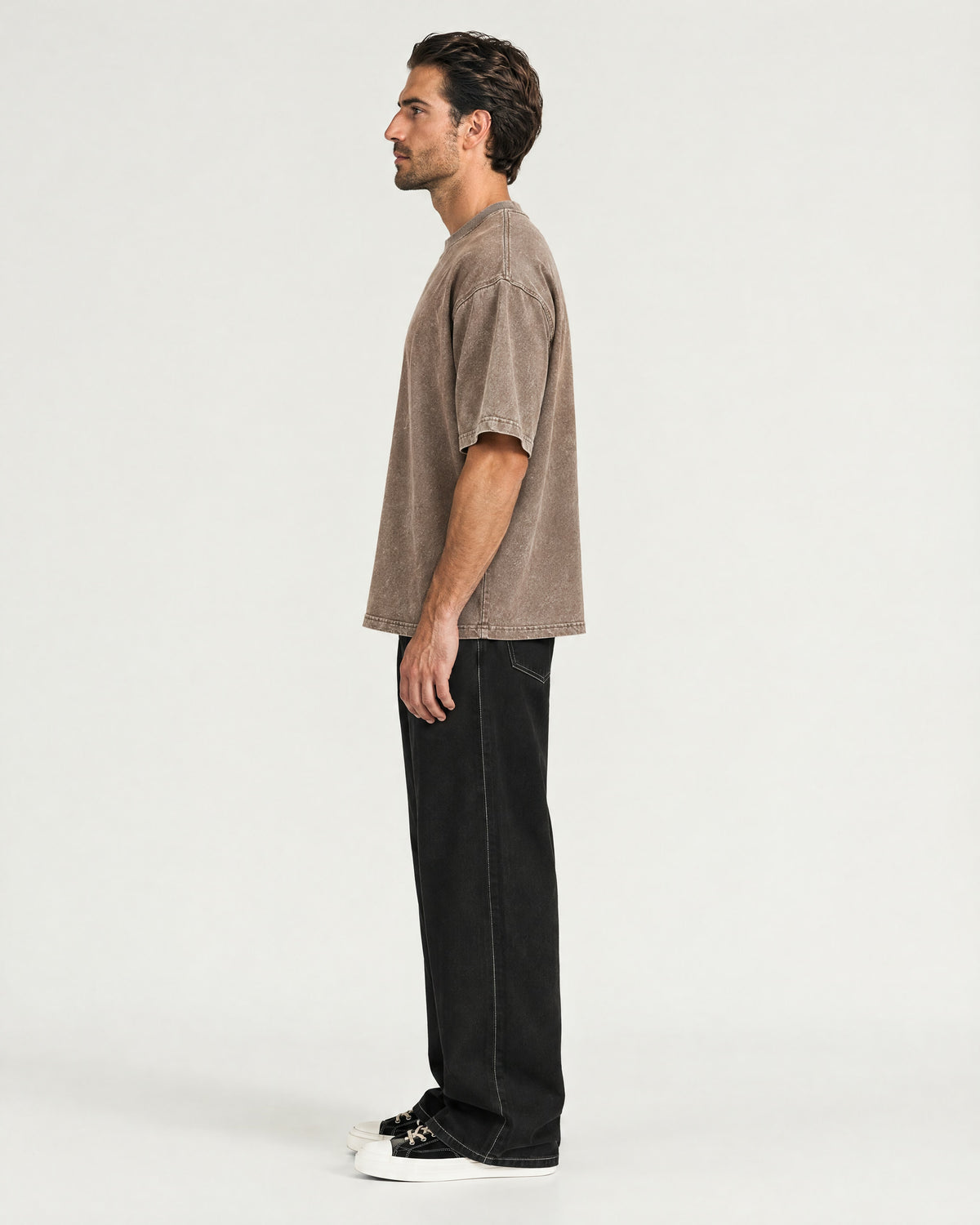 Romimi Washed Heavy Tee in Brown, side view, worn
