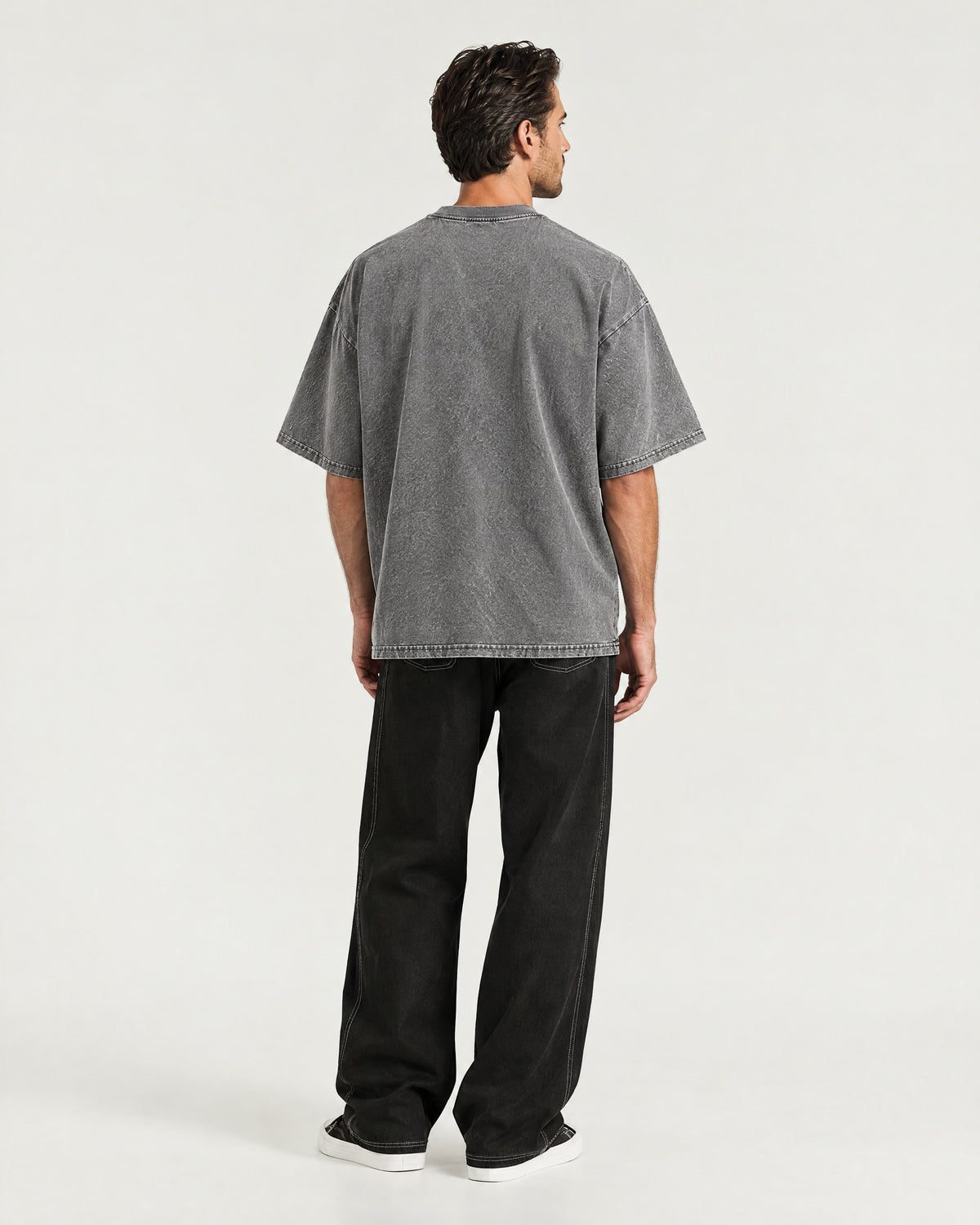 Romimi Washed Heavy Tee in Grey, back view, worn