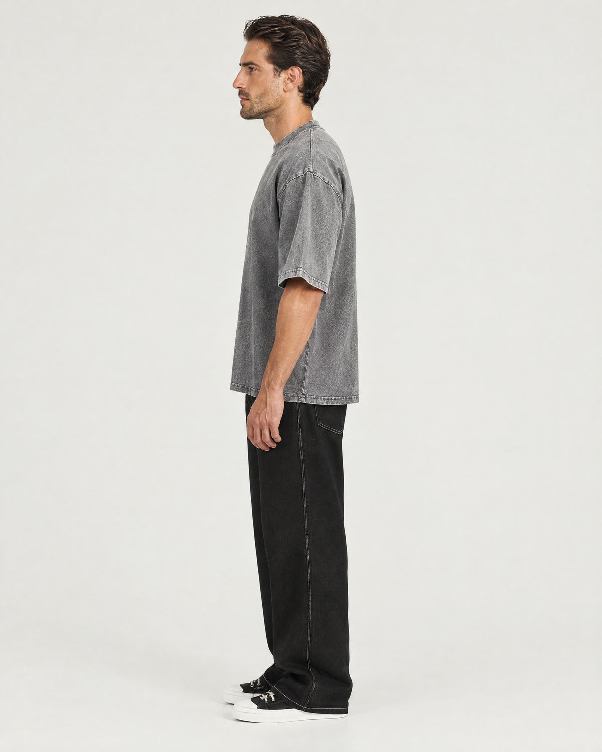 Romimi Washed Heavy Tee in Grey, side view, worn