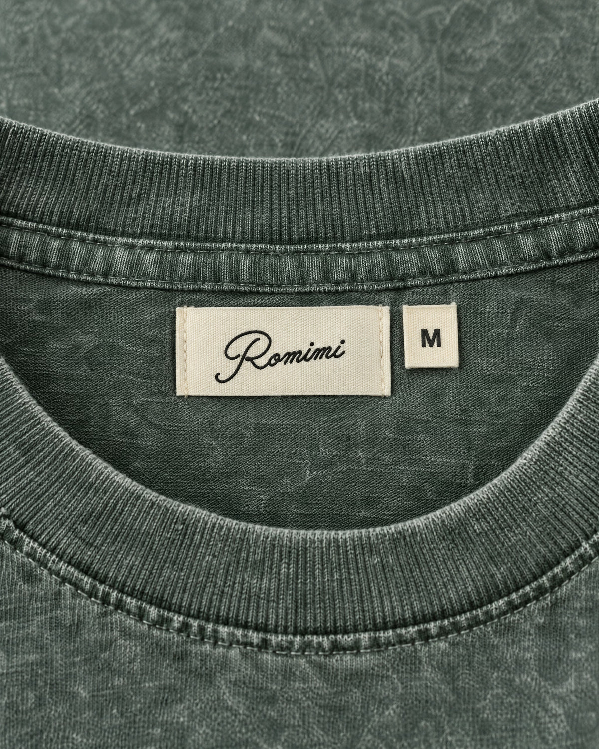 Romimi Washed Heavy Tee in Khaki, label close-up