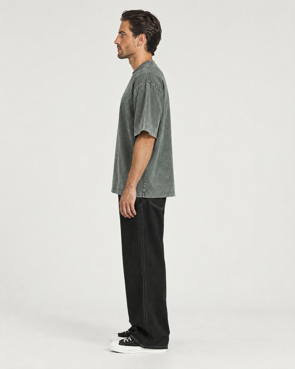 Romimi Washed Heavy Tee in Khaki, side view, worn