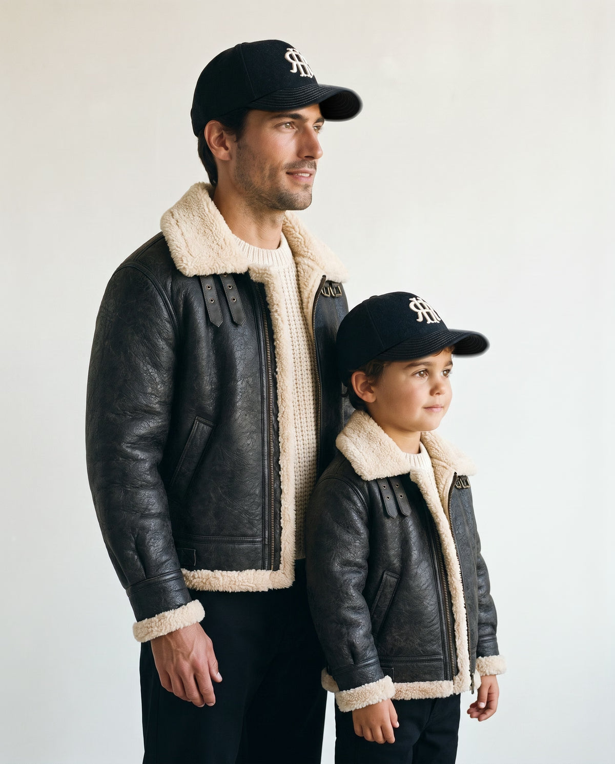 Father and son wearing the Romimi wool baseball cap in black