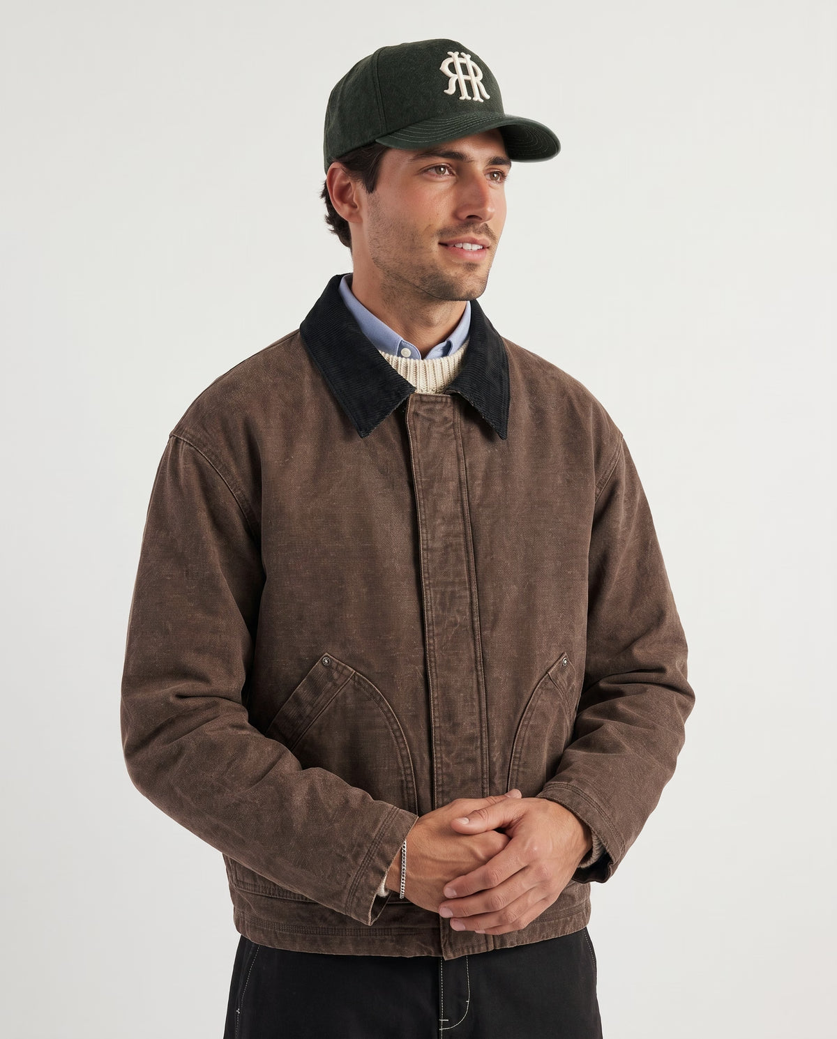 Man wearing the wool baseball cap in dark olive